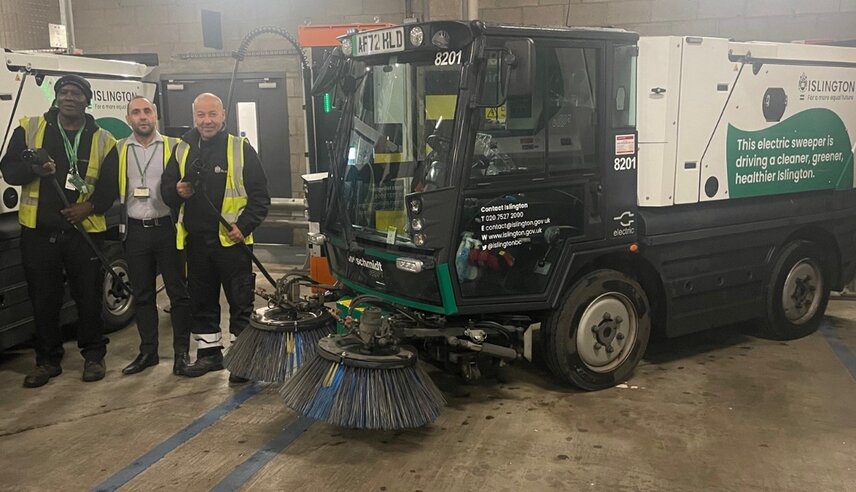 Image caption: Islington Council has added another eSwingo to its increasingly electric fleet. Left to right: Alfred Caddle, Chris Demetriou, Manuel Morais