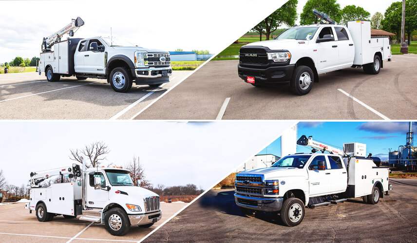 Monroe Truck Equipment baut kundenspezifische Kranpakete auf einer Vielzahl von Fahrgestellplattformen, einschliesslich Ford, Ram, Peterbilt und Chevrolet, und bietet so vielseitige Lösungen, die auf die Bedürfnisse Ihrer Flotte zugeschnitten sind.